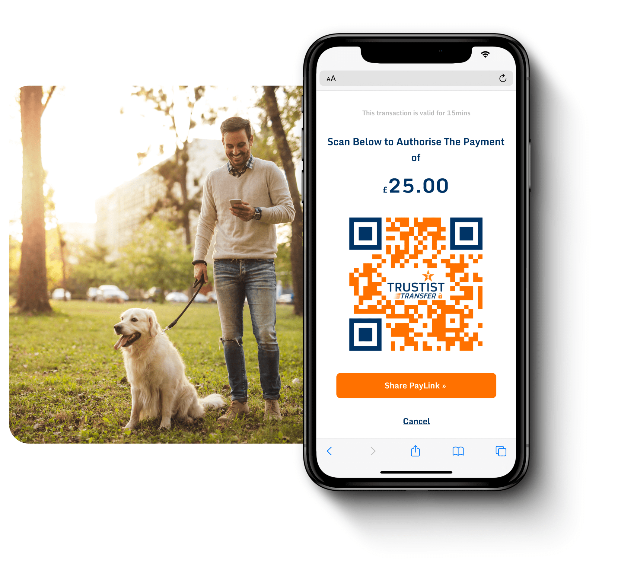 An image of a man walking his dog whilst looking at his phone, a phone is onto of the image with TrustistTransfer on