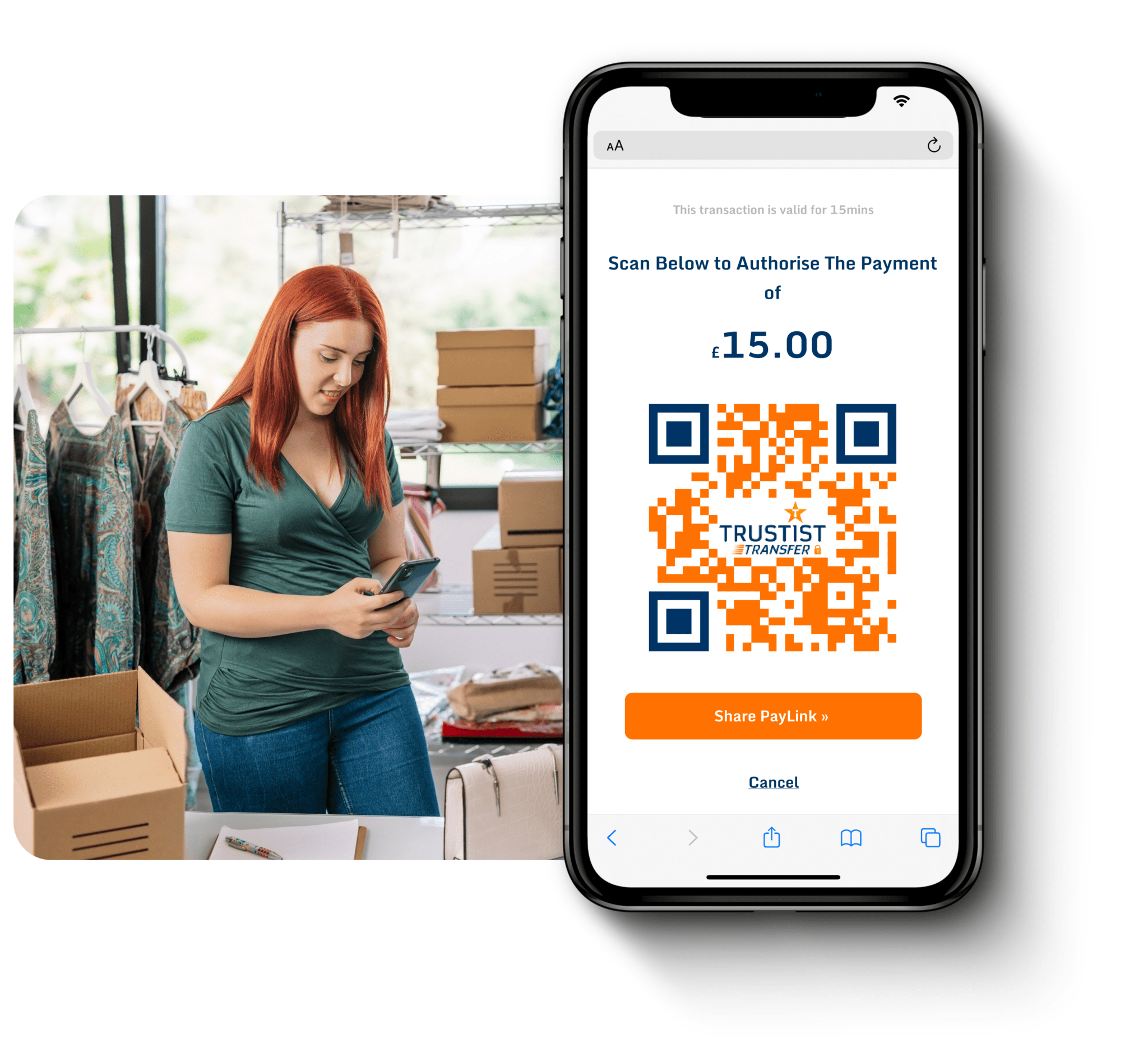 An image of a person using their phone with an image of a phone ontop showing TrustistTransfer
