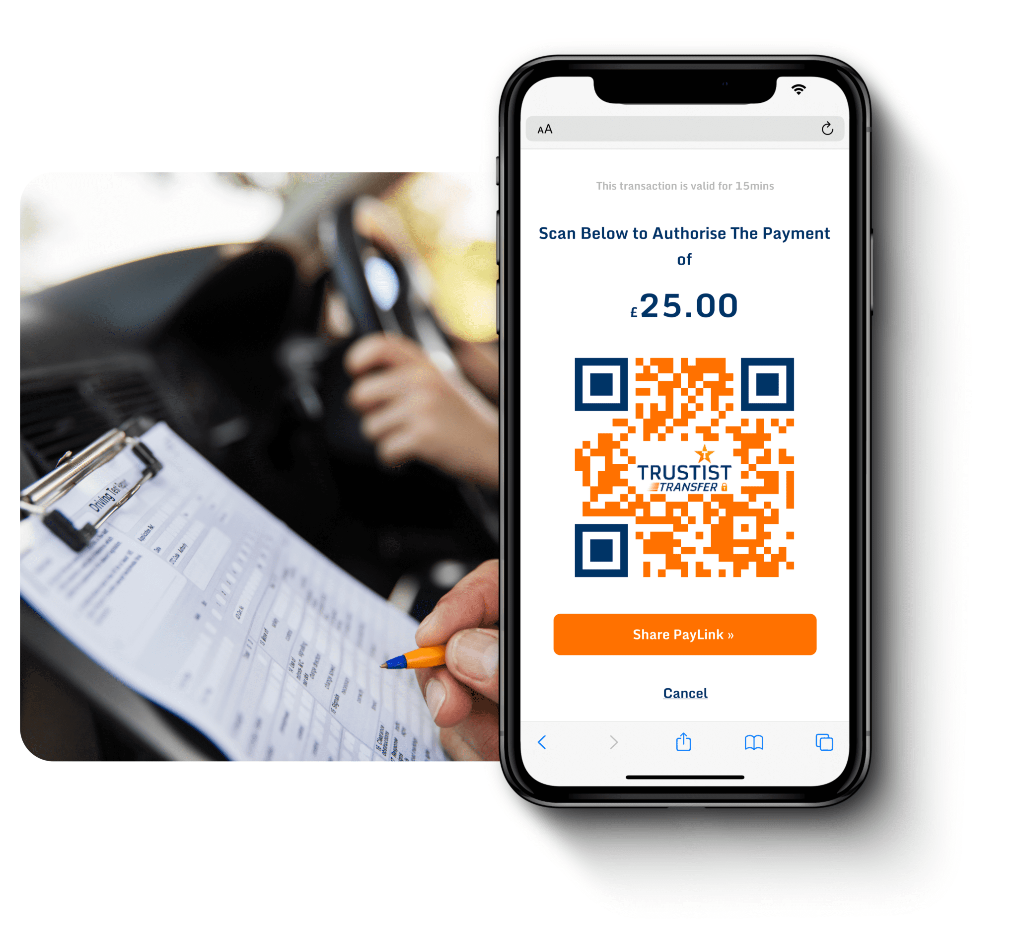 An image of a driving instructor with an image of a phone showing TrustistTransfer on top