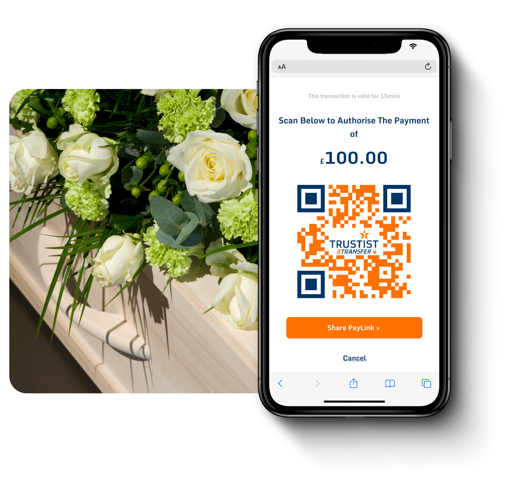 An image of some flowers with a phone ontop of the image showing TrustistTransfer