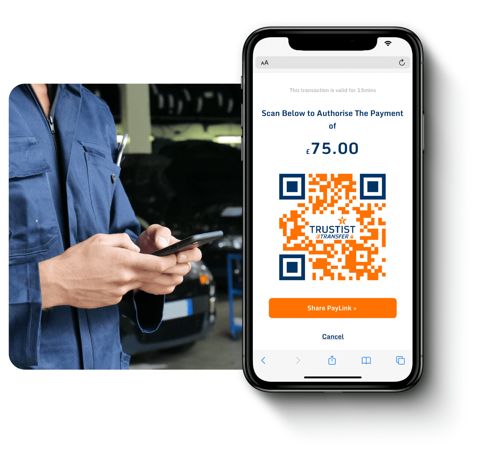 A mechanic in a garage holding their phone with a phone on top of the image showing TrustistTranfer