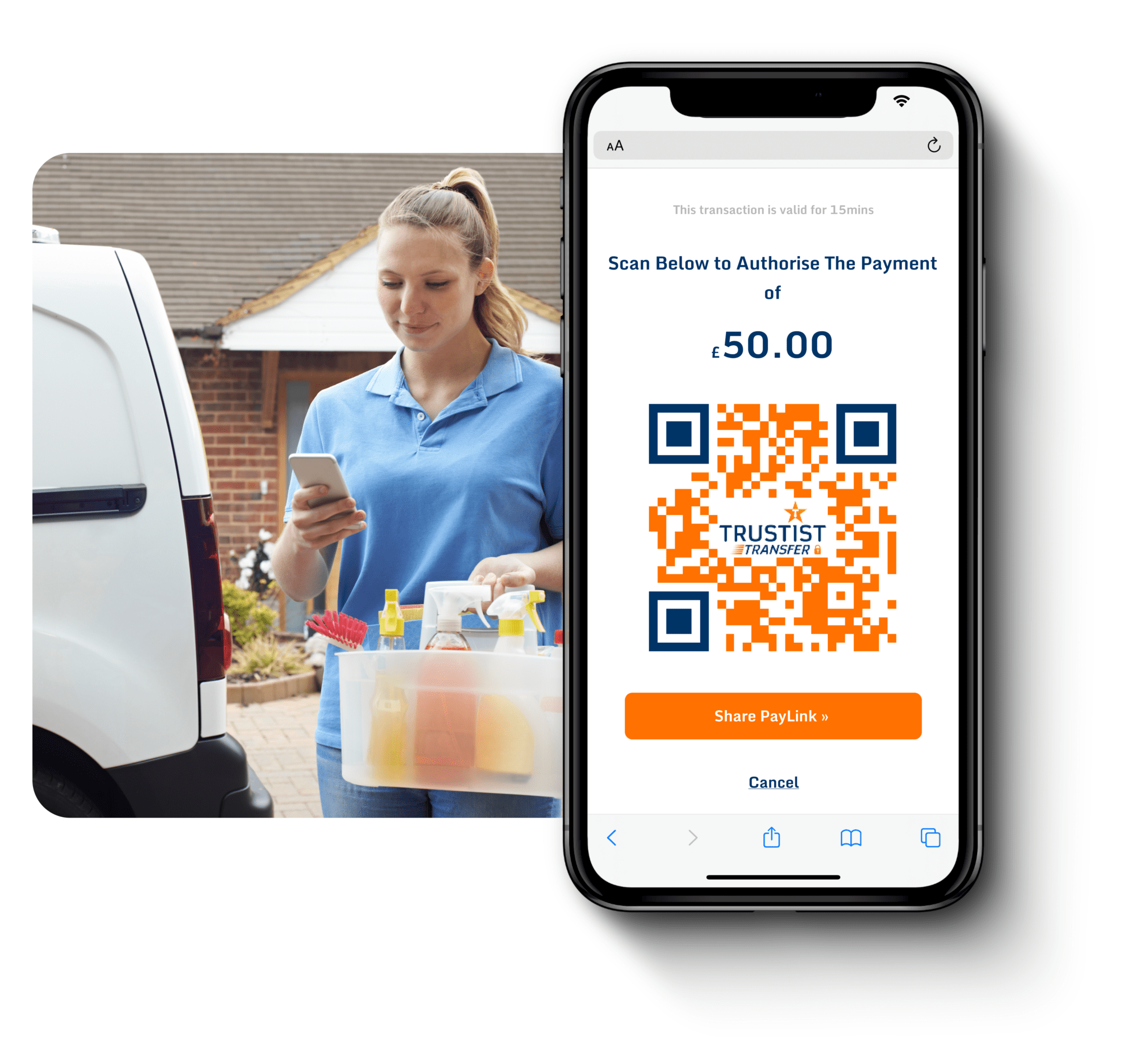 an image of a person in front of a white van carrying cleaning supplies, with a phone on top of the image with TrustistTransfer showing