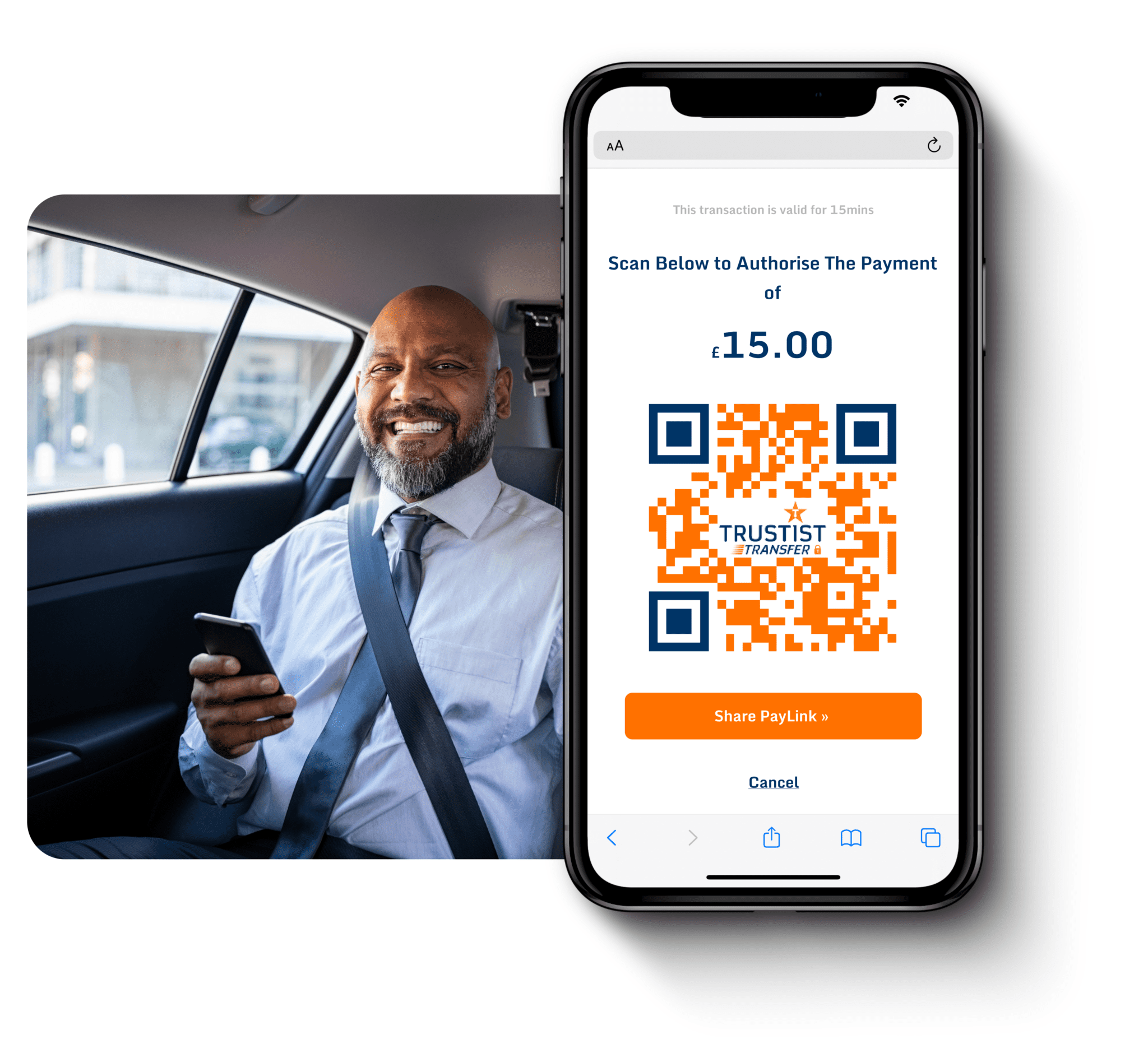 an image of a person looking happy with their phone in their hand, a phone is onto of the image with TrustistTransfer on it